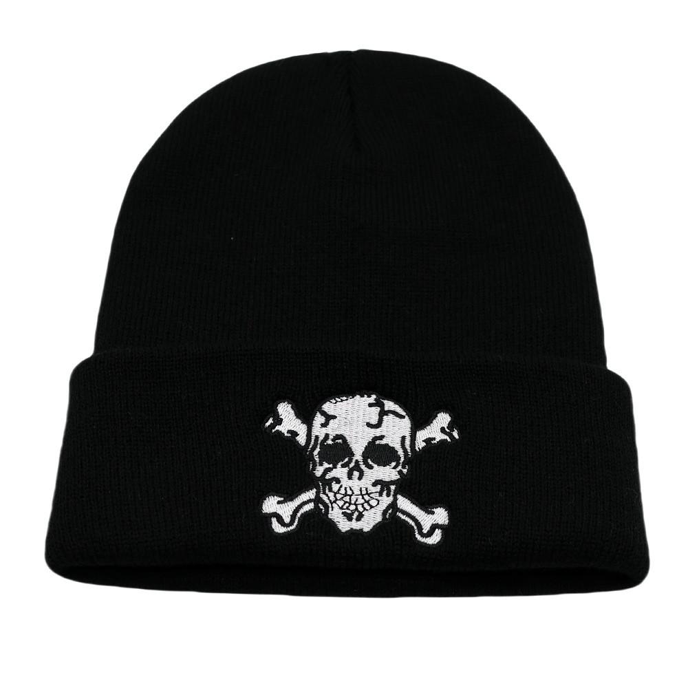 Solid Simple Color Knitted Hat With Skeleton Embroidery Design For Daily