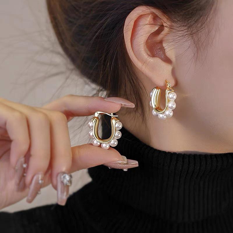 Gold Geometric Pearl Studs & Hoop Earrings with Ear Cuffs – High-End Accessories for Women