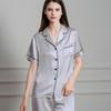 Ice Silk Women's Pajama Set - Short Sleeve, Long Pants, Faux Silk, Lapel Cardigan, Solid Color, Spring/Summer