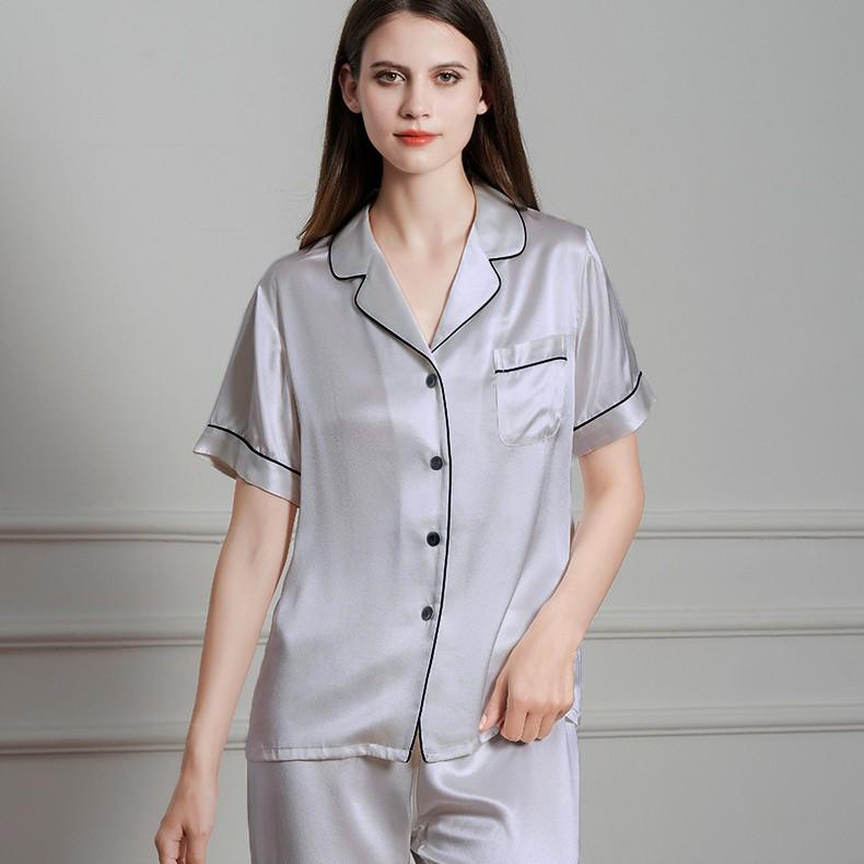 Ice Silk Women's Pajama Set - Short Sleeve, Long Pants, Faux Silk, Lapel Cardigan, Solid Color, Spring/Summer