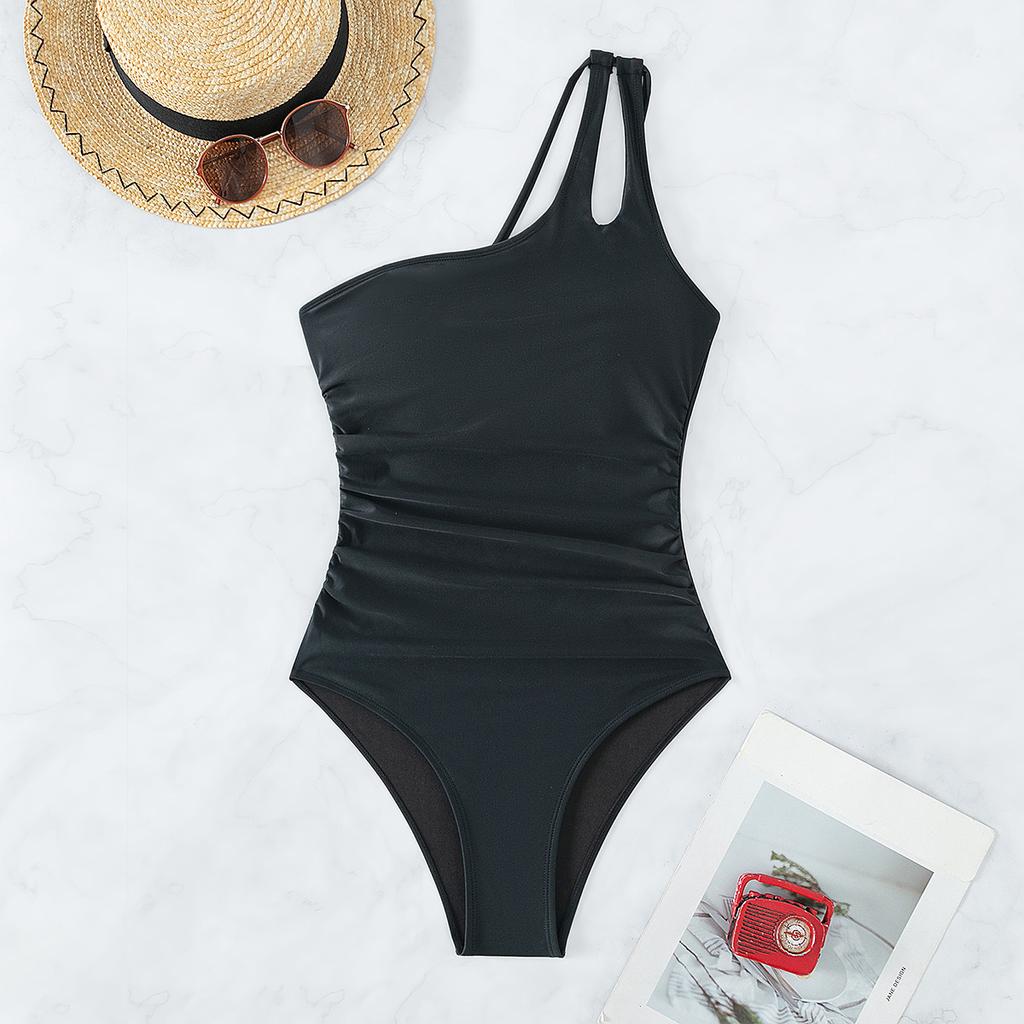 Solid Color One Shoulder Sexy High Waist One Piece Bikini Swimsuit Women Fashion Beach Vacation Elegant Wear