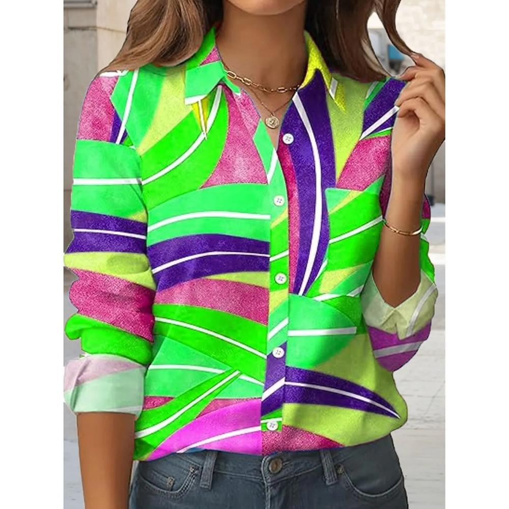 2025 Women's Shirts Geometric Graphics Blouse Spring Autumn Lapel Neck Blouse Tops Office Ladies Long Sleeve Shirt Women Clothes