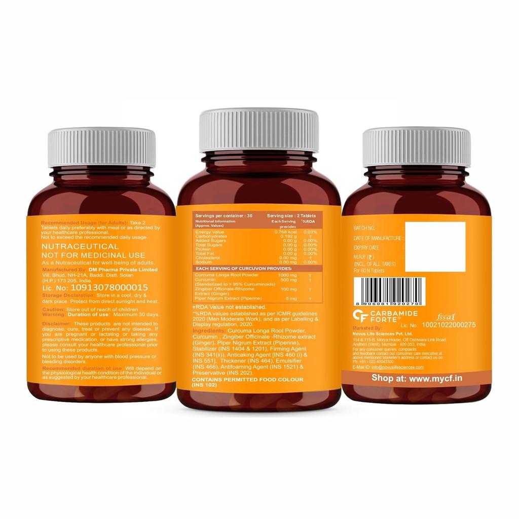 Carbamide Forte Curcumin Tablets with Piperine and 95% Curcuminoids | Anti Inflammatory Supplement for Adults| 90 Veg Tablets