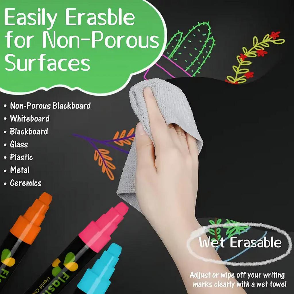 8 szt. Fluorescencyjne Markery Kredowe, Zmywalne na Mokro do Szkła, Tablic Czarnych i Powierzchni Nieporowatych, Zmywalne - Idealne dla Studentów
