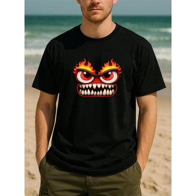 European Sizes Flame Monster Funny Print, Men's Clothing, Casual Short-sleeved T-shirt, Men's Casual Short-sleeved Round-neck Pattern Printed T-shirt