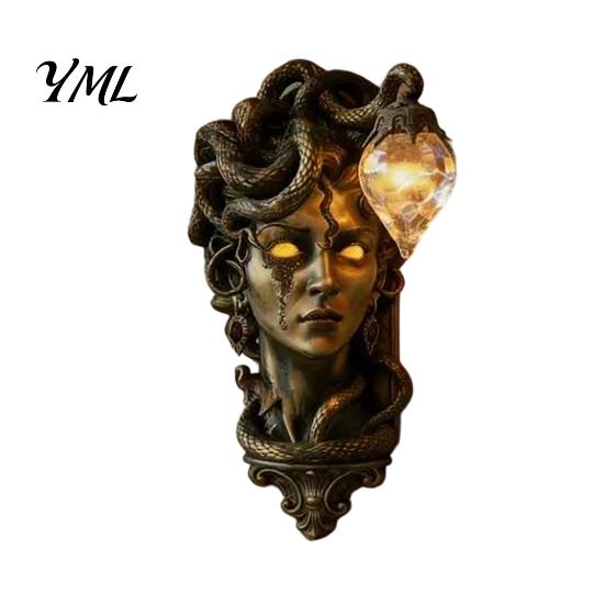Warm Atmosphere Side Light Retro Gorgon Wall Lamp, Mythical Snake Hair Woman Resin Sculpture, Dark Style Garden Fixture Artistic Mounted for