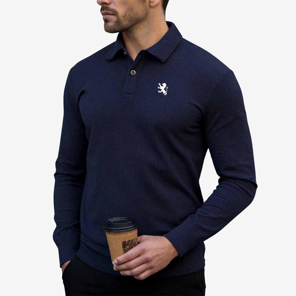 Polo Shirts for Men Lion Emblem Print Ribbed Long Sleeve
