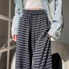 Plus Size Striped Wide-Leg Knit Pants for Women - Autumn/Winter, High Waist, Drawstring, Casual Fit.