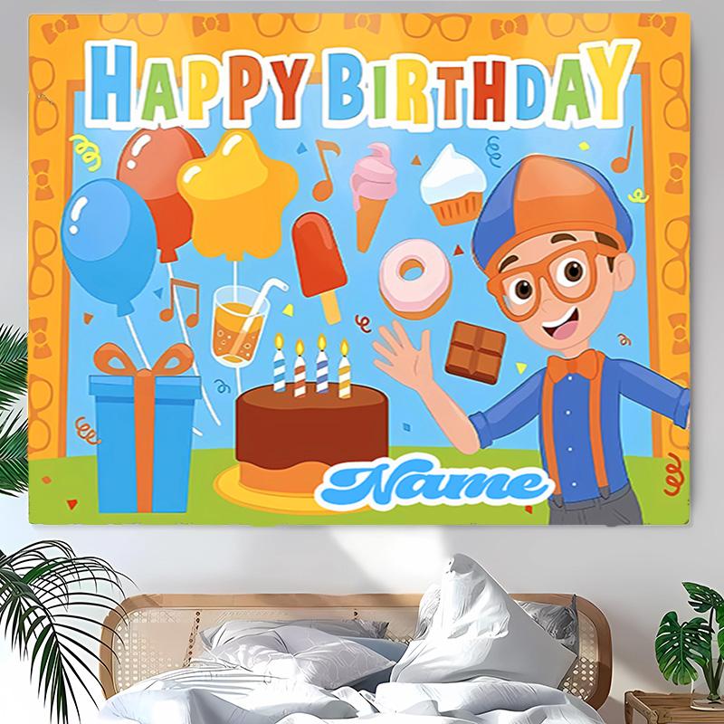 Personalized Blippi Background Tapestry,Custom Name Birthday Party,Multifunctional Wall Decoration for Home Decor,Various Occasions