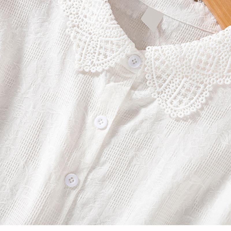 Letní halenka Dámská výšivka Květina Košile s límečkem Peter Pan Dámská modrá bílá Krátký rukáv Zapínání na knoflíky Topy