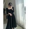 Women's Square Neck Long Sleeve A Line Midi Dress Vintage Elegant Solid Color Fall Dress