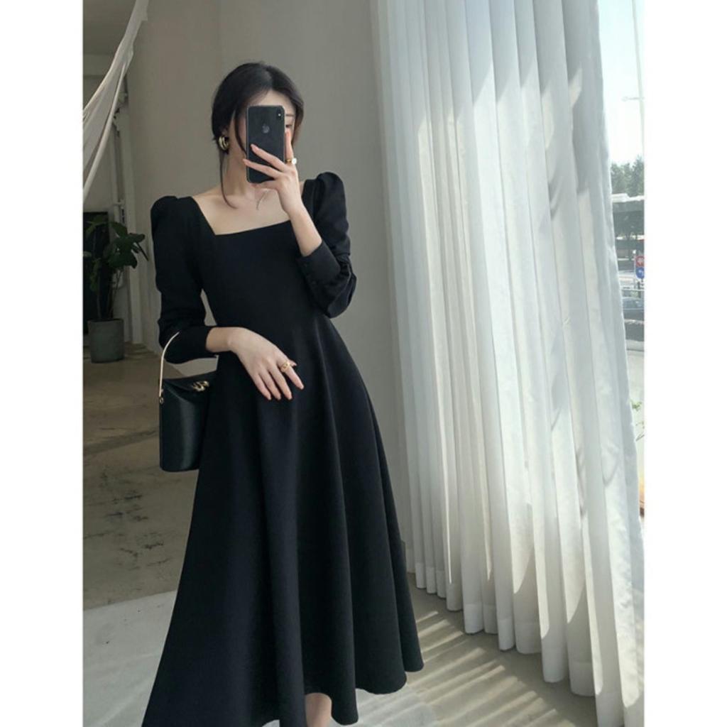 Women's Square Neck Long Sleeve A Line Midi Dress Vintage Elegant Solid Color Fall Dress