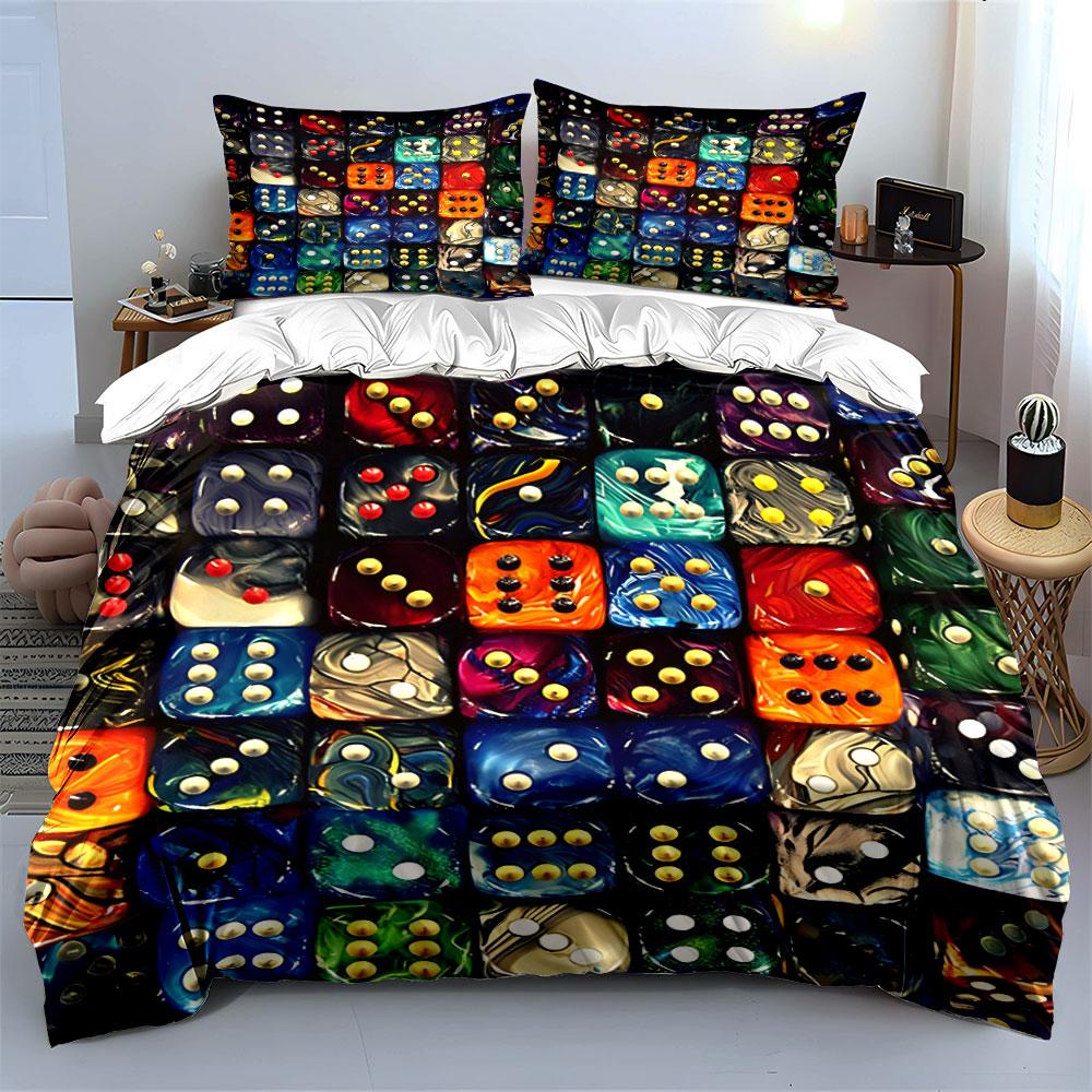 3Pcs Dice Pattern Bedding Set, Colorful Marbled Dice Print Duvet Cover + 2 Pillowcases, Funny Bedroom Decor