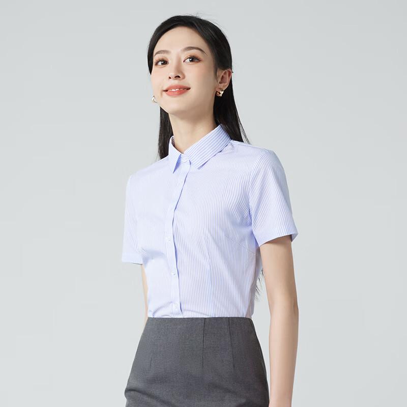 Women's Elastic Non-Iron Blue Striped Short Sleeve Office Shirt