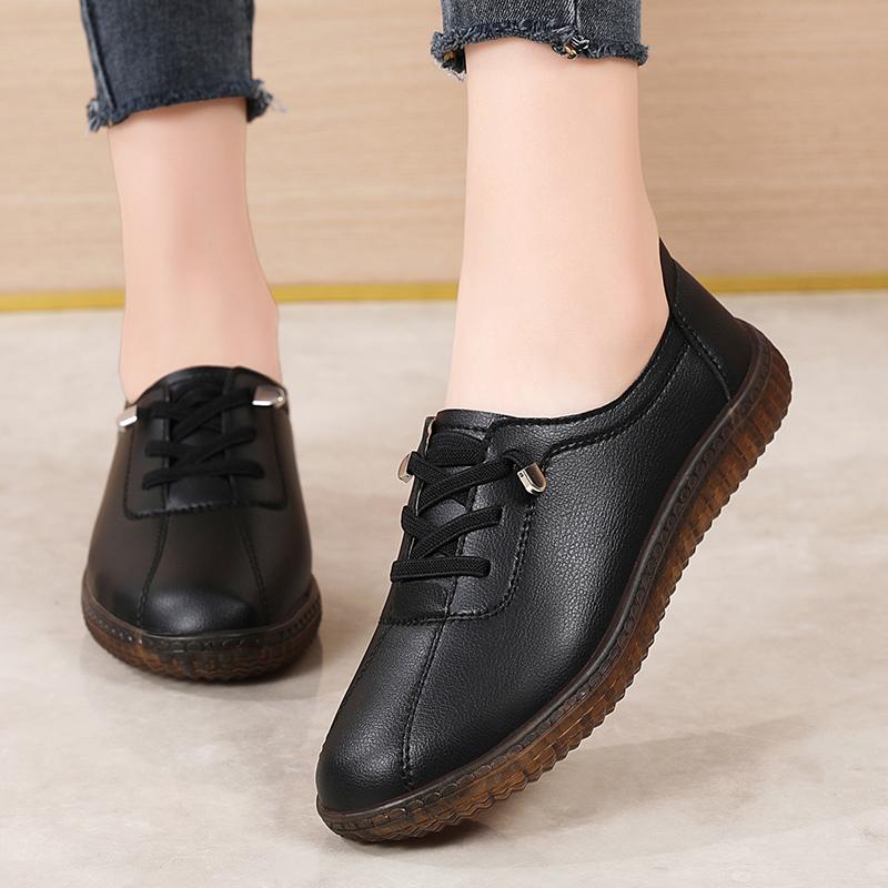 Fashion Women Ladeis Mother Female Genuine Leather Flats Loafers White Shoes Soft Non Slip Vulcanized Shoes Size 35-42 Soft Soled Flats