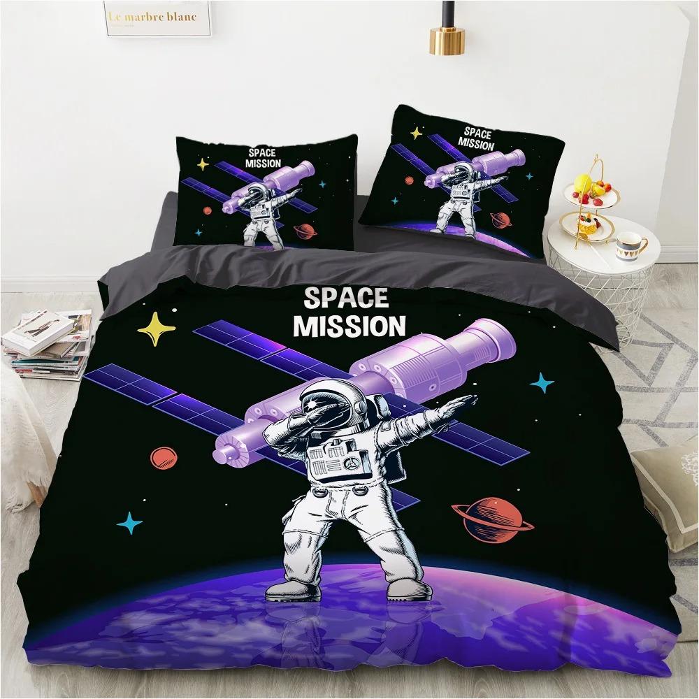 3D Astronaut King Queen Duvet Cover Cartoon Galaxy Universe Bedding Set for Boys Girls Outer Space Soft 2/3pcs Quilt Cover