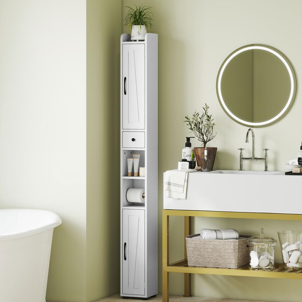 Tall bathroom cabinet, column storage unit, 2 doors, drawer, adjustable shelves, 20x20x185cm, white