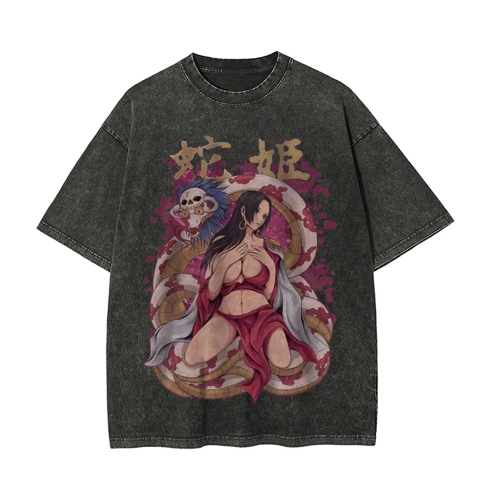 Boa Hancock T Shirt One Piece Sexy Anime Girl Vintage Acid Wash Streetwear Oversized Retro Graphic Cotton Tees Men Clothing