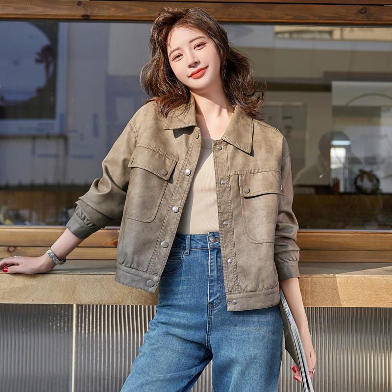 

Женская куртка из серой кожи, новая маленькая короткая ретро-кожаная куртка на весну и осень XL