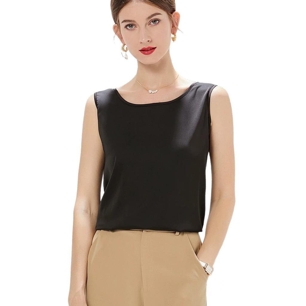 French imitation silk sling vest women's suit with bottoming shirt women's crew neck satin top loose outer wear Xia Xin