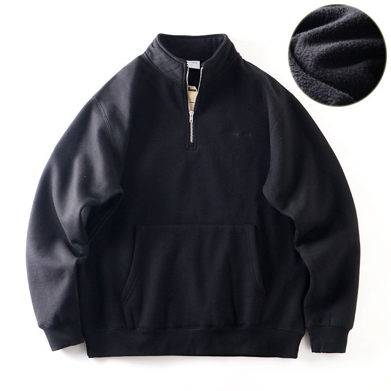 American Heavy Weight Heavy Weight Stiff Stand Collar Half Zip Sweatshirt Men s Autumn and Winter Fleece-lined Export Men Casual Jacket Black M
