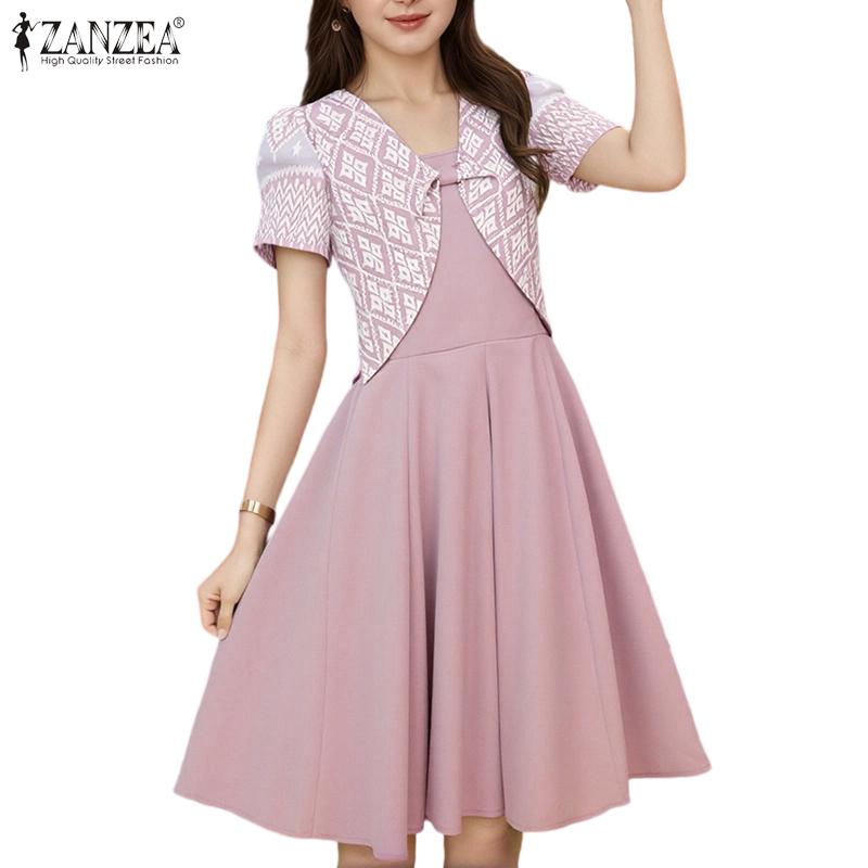 ZANZEA Women Summer V-neck Casual Short Sleeve Print Dress