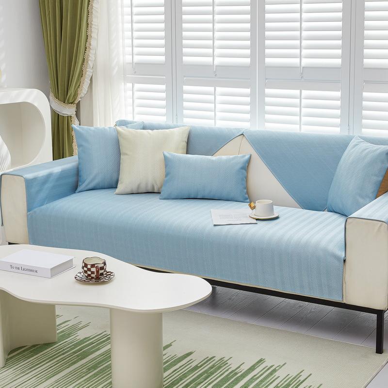 Solid Color Herringbone Pattern Ice Silk Sofa Cushion, Cool And Non-Slip Seat Cushion In Summer, Modern Simple Green Sofa Cover