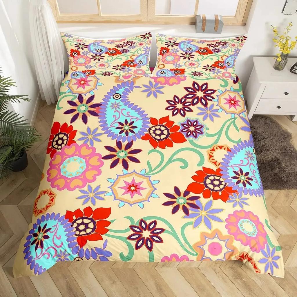 Retro 70er Jahre Hippie Stil Bettbezug Set Queen, Psychedelisches Pilz Bettwäsche Set Regenbogen Blumen Sterne Mond Bettdeckenbezug