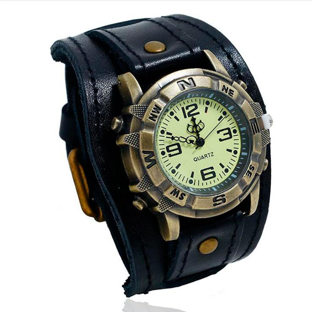 Relogio Retro Big Wide Genuine Leather Strap Watch Men Punk Quartz Cuff Watch Wristwatches Bracelet Unusual Wrist Watch