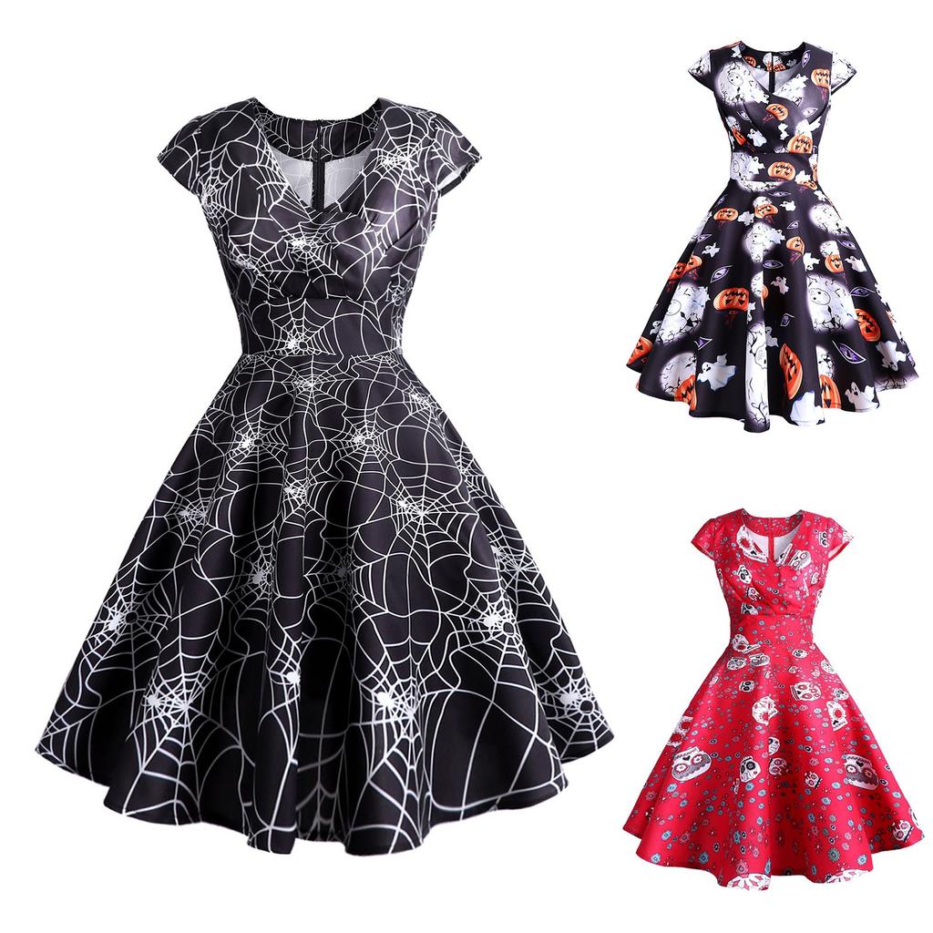 Halloween Dress Women's Vintage Print Dress Waist Swing Zipper Party Dress