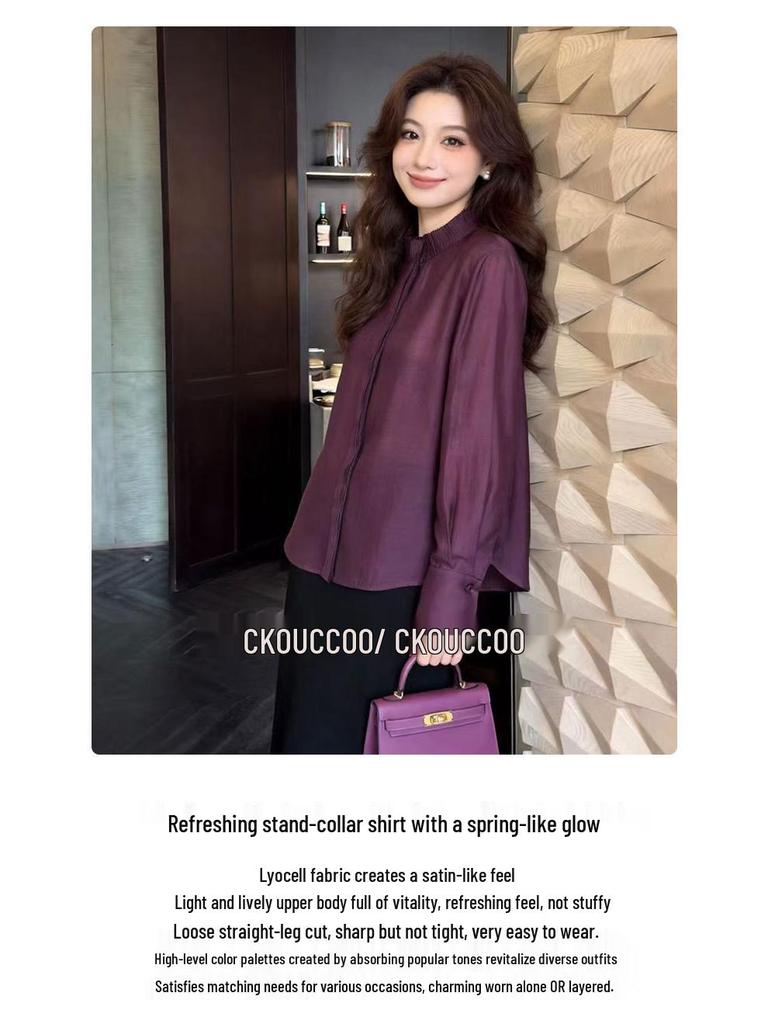 Rongtai Women's 2026 Spring Tencel Glossy Stand Collar Shirt