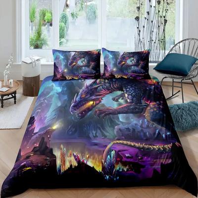 Bettbezug-Set mit Feuerdrachen, magisches Dinosaurier-Bettwäsche-Set, Dschungeltier-Muster, Wildlife-Stil, Kingsize-Bettbezug aus Polyester