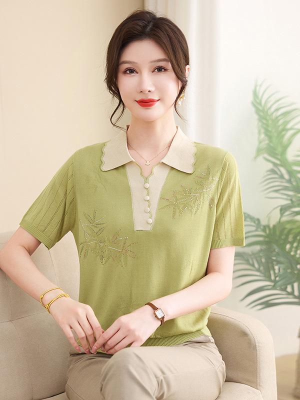 2026 Summer Fashion Ice Silk Short-Sleeve Lapel Top Set for Middle-Aged and Elderly Women