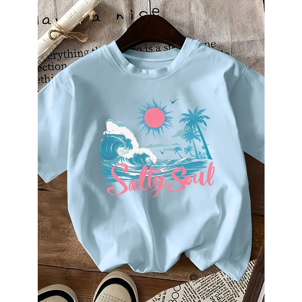 Summer Vacation Style Graphic Printed Short-sleeved T-shirt, Round Neck Casual Top,