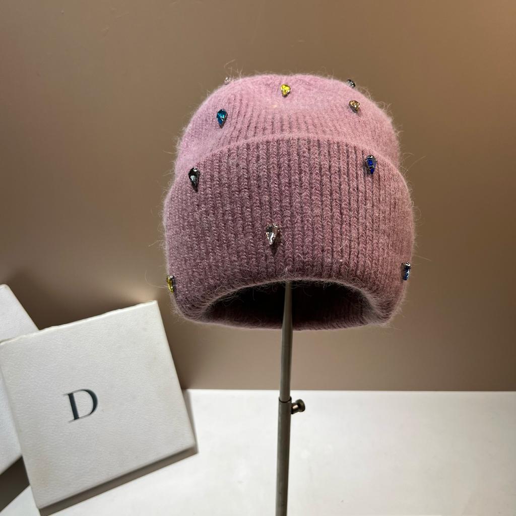 Paris Colored Diamond Light Luxury Winter Rabbit Fur Knitted Hat Personalized Youth Colorful Sweet Cool Design Wool Hat