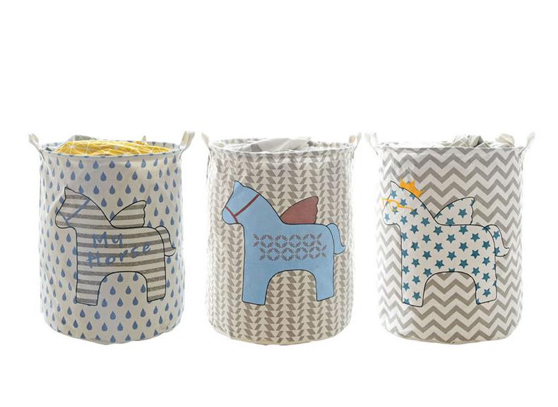 Nordic Cartoon Horse Cotton Linen Laundry Basket - Large Folding, Waterproof Storage for Clothes and Toys