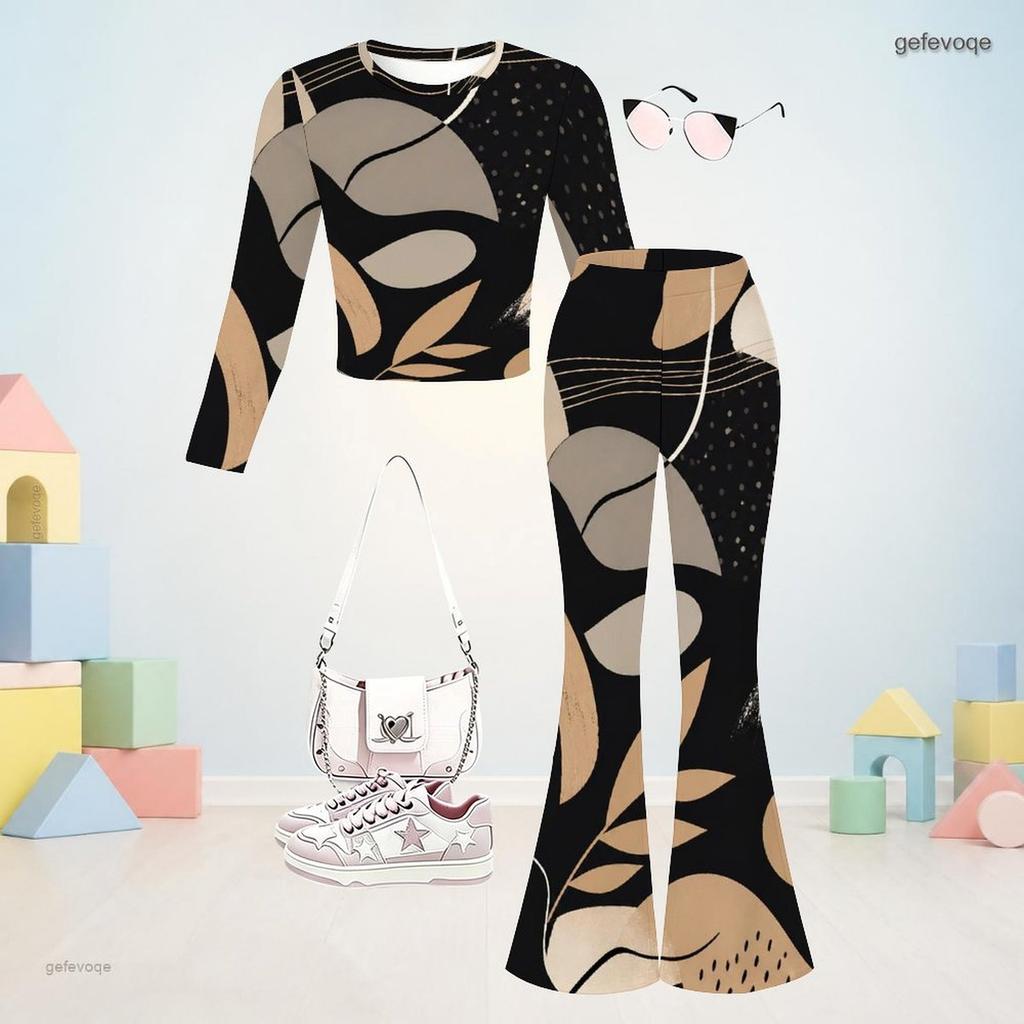 Girls Printed Round Neck Long Sleeve Top Flared Pants Two Piece Set