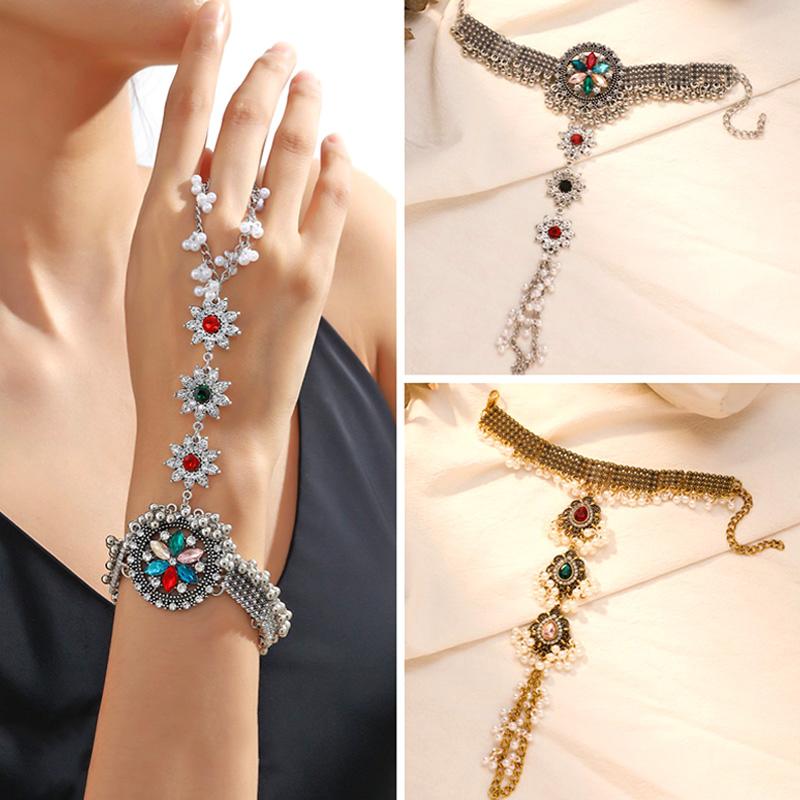 

1 шт., женская цепочка, роскошные бусины на спине, винтажный стиль, браслет на палец, свадебный полый