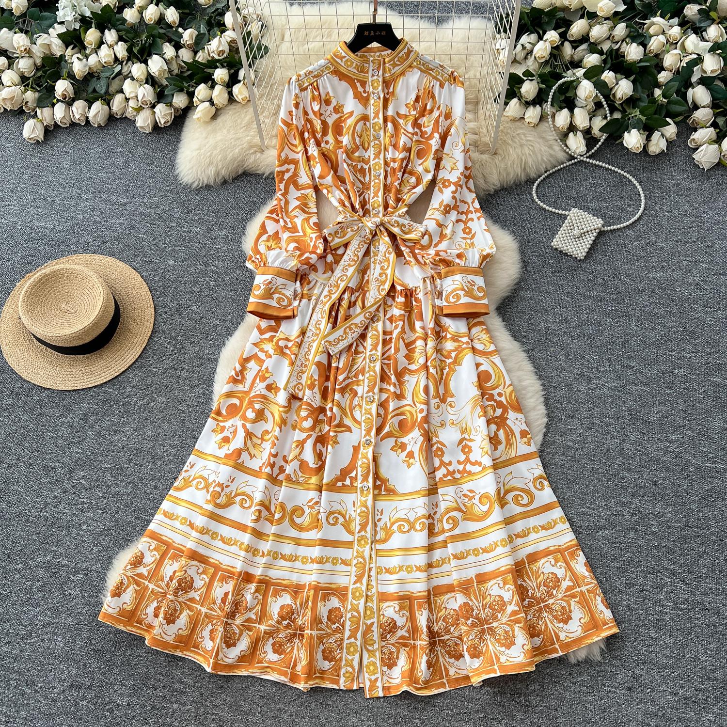 

Шикарное винтажное сексуальное платье с длинным рукавом, принтом, сборками, пуговицами, приталенное, элегантное, сказочное, в корейском стиле, бохо, сарафан, женская одежда, длинное платье XXL жёлтый