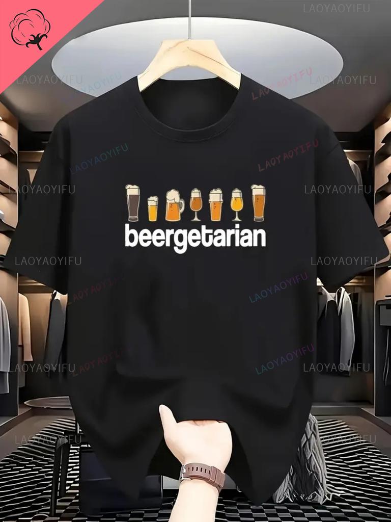 Mens Breathable Outdoor Short Sleeve Oneck Shortsleev Harajuku TShirt White Casual Summer Tee with Beer Print Design Tops