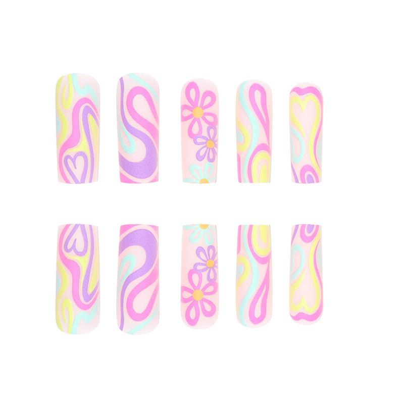 Long Press-On Nails With Multicolor Line Floral Doodle Design Ins Style Wearable Nail Tips