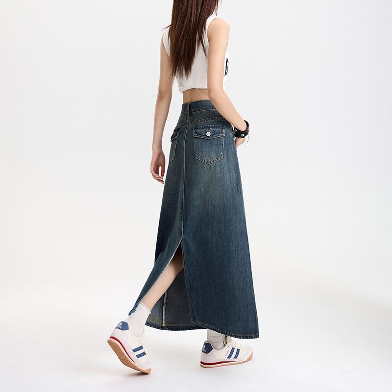 Denim Skirt Design with Pocket Slit Classic Style Hip Cover Mid-length Skirt Slim Waist Showing Long Legs