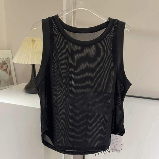 Women Vest Solid Color Loose Fit Sleeveless Tops Round Neck Mesh Yarn Splicing Thin Yoga Sport Tops Daily Wear