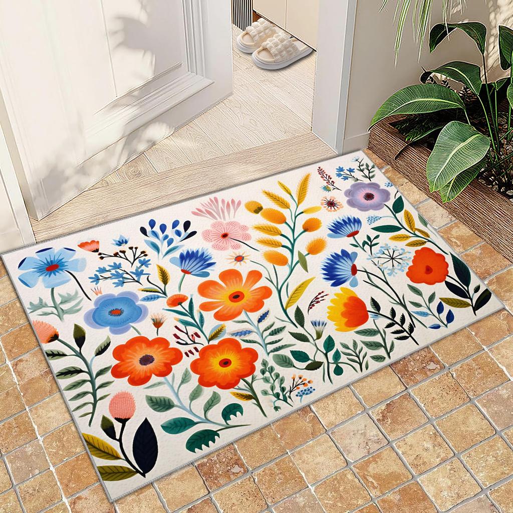 Door Mat Fresh White Background Illustrated Floral Pattern Non Slip Print Entryway Rug for Minimalist Home Decoration