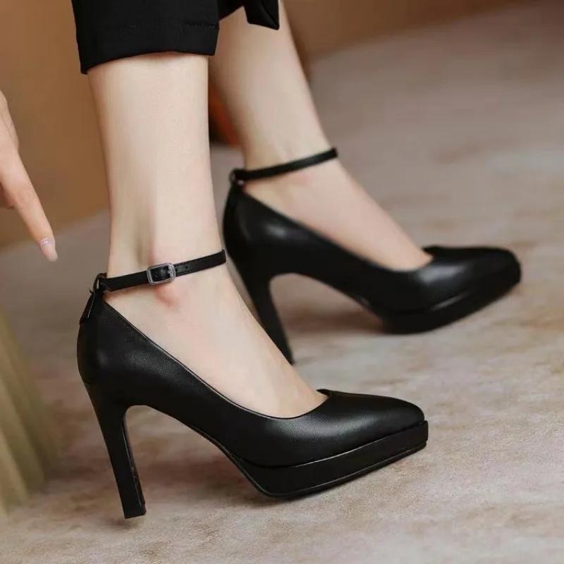 Fashion Spring and Autumn Fashion New Buckle Comfortable Solid Color Square Toe Sexy Banquet Women's High Heels Zapatos Mujer