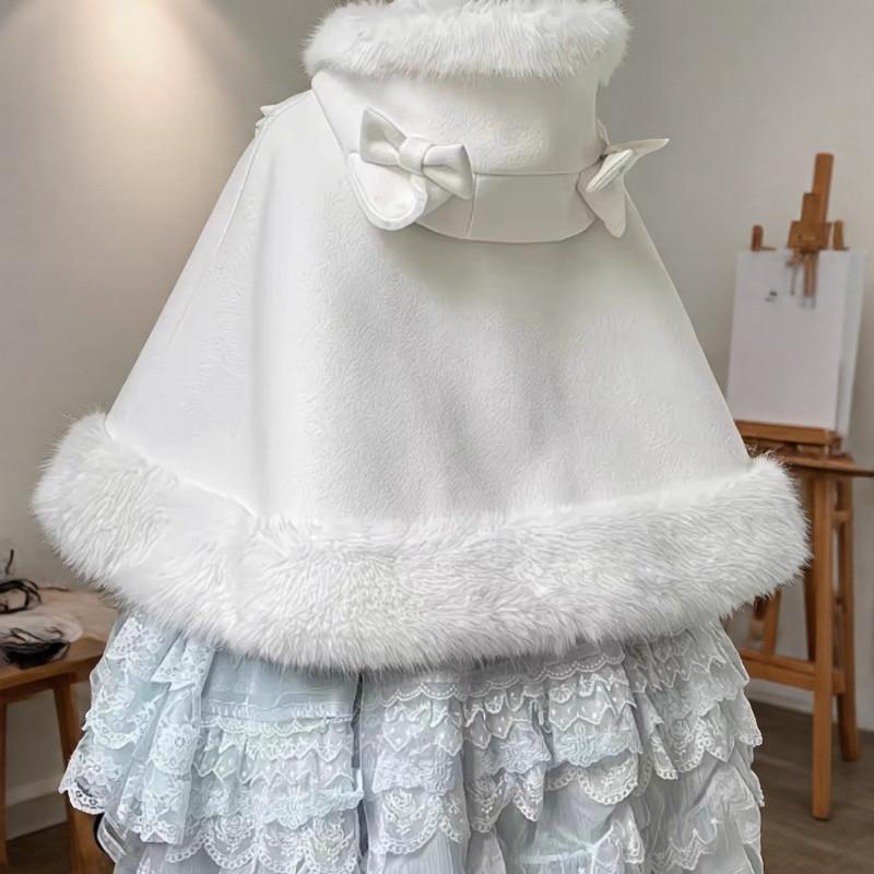 Gothic Lolita Winter Warm Shawl Overcoat Women's Cute Girl Bow Hooded Patchwork Kawaii Cope Woolen Female Chic Fur Collar Coat