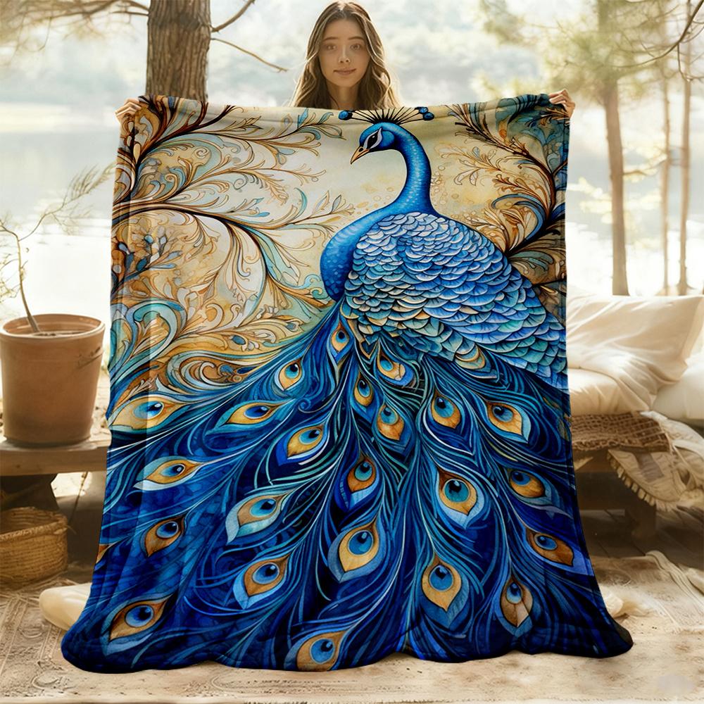 1pc Peacock Feathers Flannel Blanket, Comfortable and Warm Blanket, for Camping Sofa Bed and Couch Office026