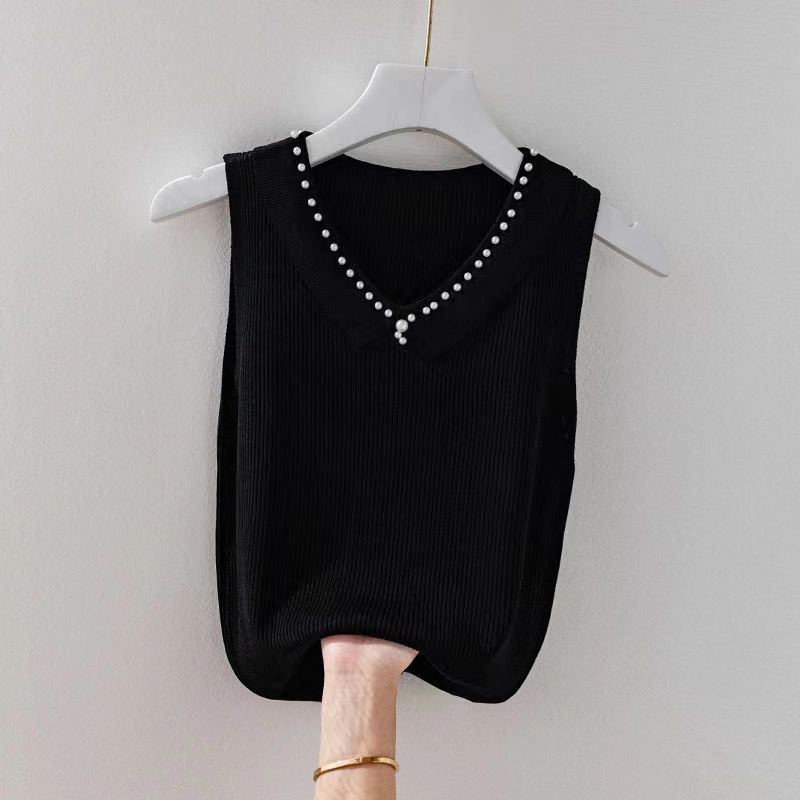 Female Doll Collar Solid Color Sleeveless Top Fashionable Pearl Versatile Camisole