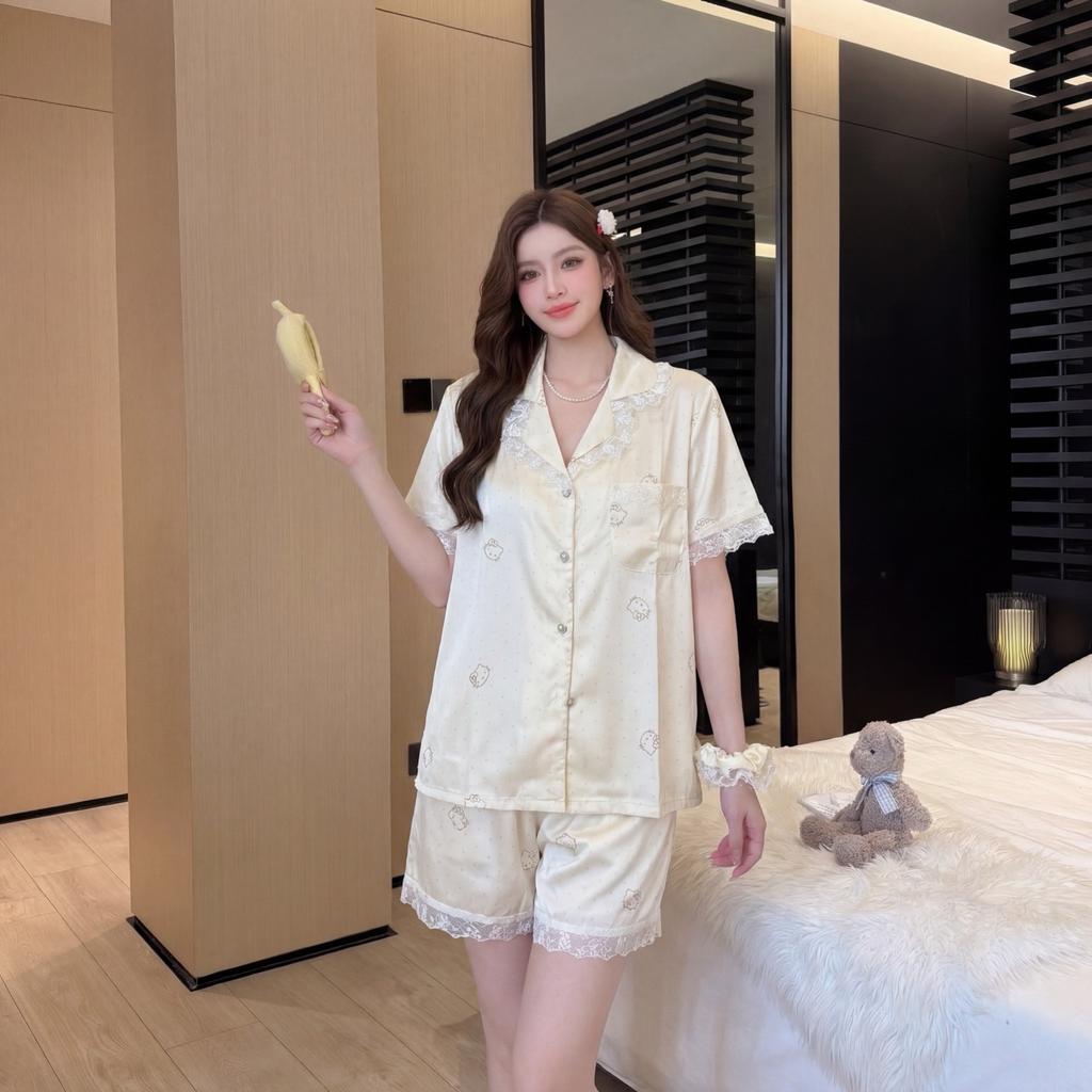 Summer new ice silk pajamas women's thin sweet short-sleeved high-end KT printed loungewear set can be worn outside