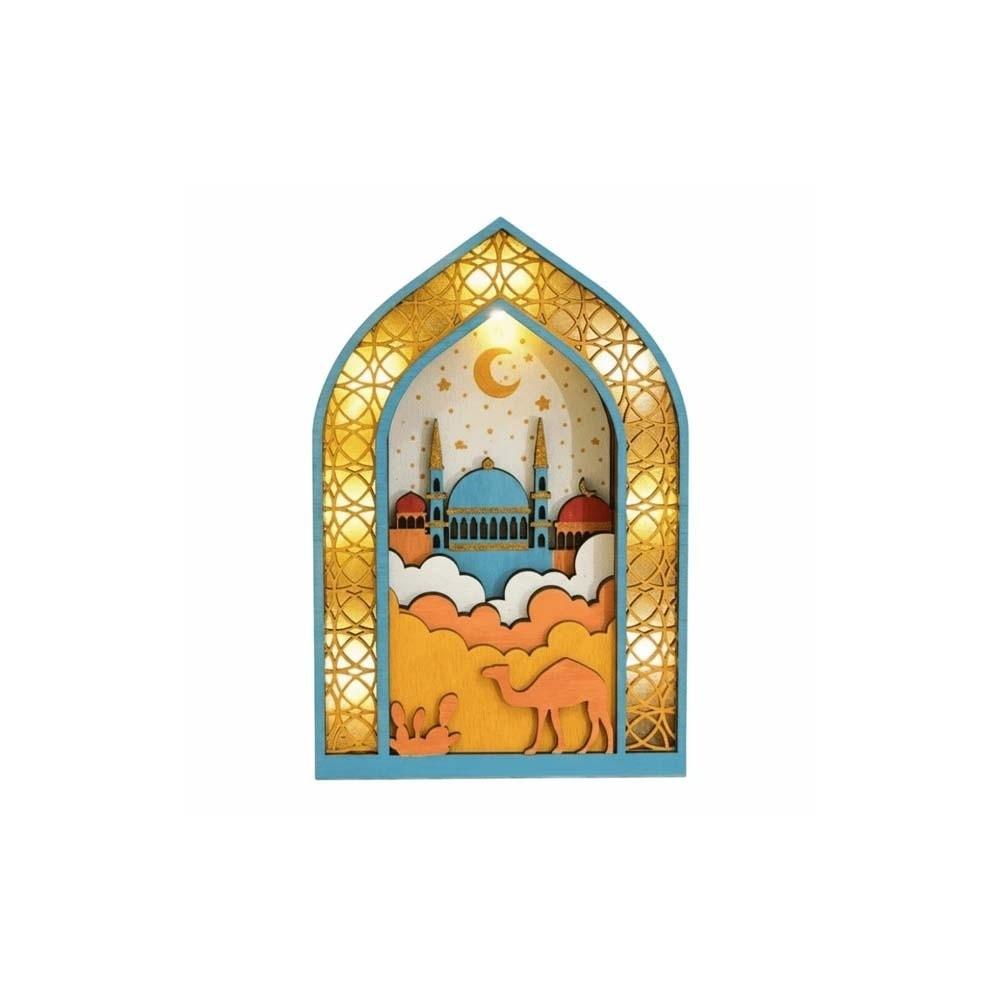 Creative Night Light Ornament LED Eid Wooden Decoration Handmade Eid Desktop Ornament  Scene Layout